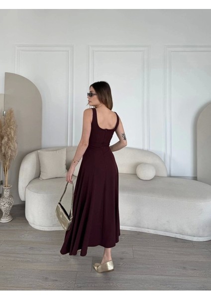 Sırt Dekolteli Kolsuz Uzun Elbise - Mürdüm modelleri