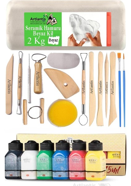 Beyaz Seramik Hamuru 2 kg Seramik Başlangıç Seti Ebeşuar Modelleme Artdeco 6 Renk Akrilik Boya Fırça 75 ml Heykel