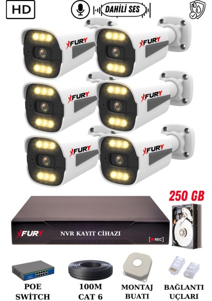 6 Kameralı Ip Güvenlik Kamerası Seti Sesli 4mp Gece Renkli Su Geçirmez 1506S 250GB