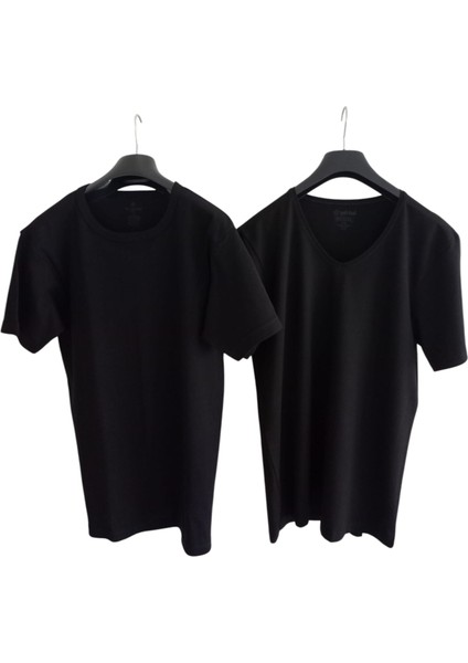 Tişört V Yaka-Sıfır Yaka 2'li Ekonomik Paket Pamuklu Cotton Modal Siyah Slim Fit Ekstra Esnek Unisex Yvsb1-3