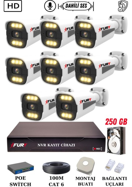 8 Kameralı Ip Güvenlik Kamerası Seti Sesli 4mp Gece Renkli Su Geçirmez 1506S 250GB