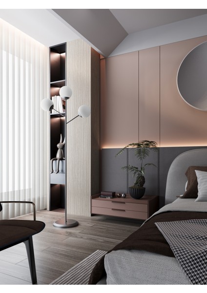 Loreva 3'lü Beyaz Cam Küre Lambader - Siyah Metal Gövdeli Modern Yer Lambası