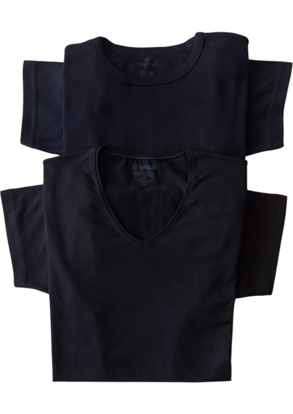 Tişört V Yaka-Sıfır Yaka 2'li Ekonomik Paket Pamuklu Cotton Modal Siyah Slim Fit Ekstra Esnek Unisex Yvsb1-3 fırsatları