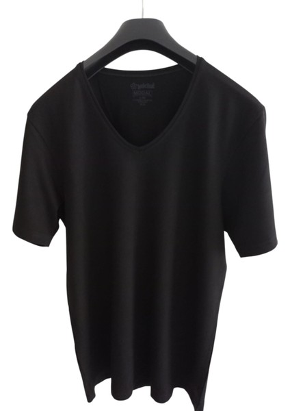 Tişört V Yaka-Sıfır Yaka 2'li Ekonomik Paket Pamuklu Cotton Modal Siyah Slim Fit Ekstra Esnek Unisex Yvsb1-3