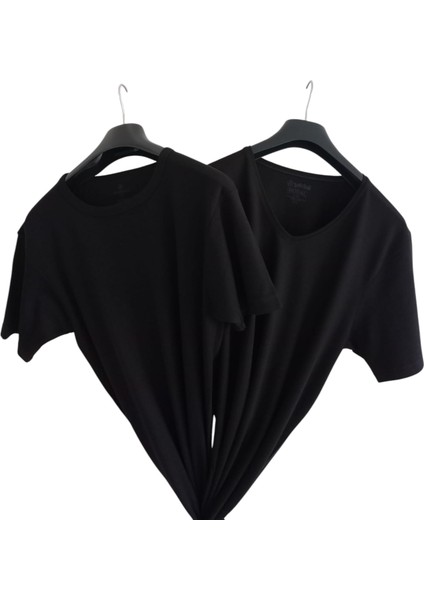 Tişört V Yaka-Sıfır Yaka 2'li Ekonomik Paket Pamuklu Cotton Modal Siyah Slim Fit Ekstra Esnek Unisex Yvsb1-3