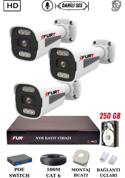 3 Kameralı Ip Güvenlik Kamerası Seti Sesli 4mp Gece Renkli Su Geçirmez 1506S 250GB fiyatları