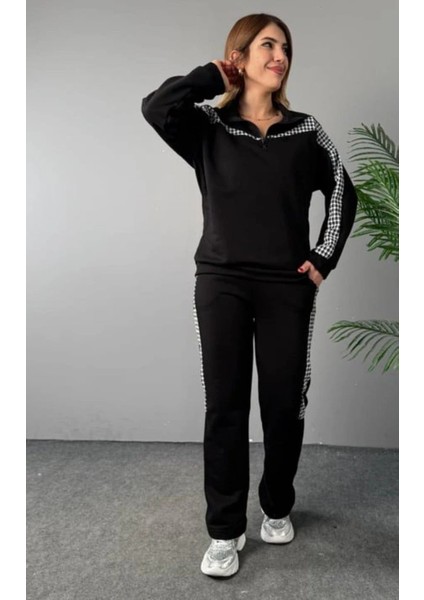 Kadın Fermuar ve Ekose Detay Sweatshirt ve Pantolon Üç Iplik Kumaş Ikili Takım