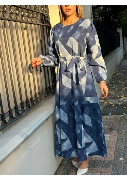 Kadın Uzun Kollu Bisiklet Yaka Geometrik Desen Baskılı Kuşak Dahil Maxi Boy Elbise indirimleri