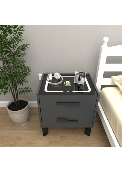Diamond Antrasit Ledli Şarj Üniteli ve Bluetooth Hoparlörlü Komodin