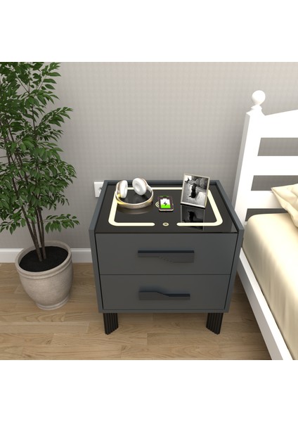 Diamond Antrasit Ledli Şarj Üniteli ve Bluetooth Hoparlörlü Komodin