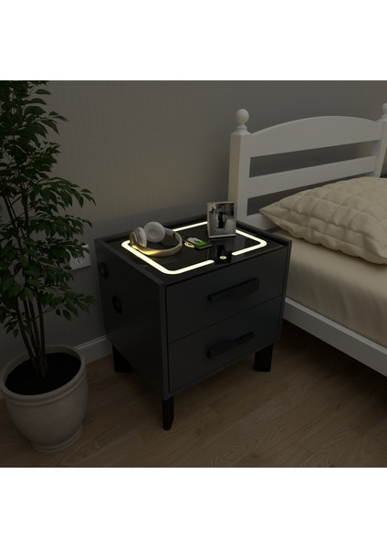 Diamond Antrasit Ledli Şarj Üniteli ve Bluetooth Hoparlörlü Komodin