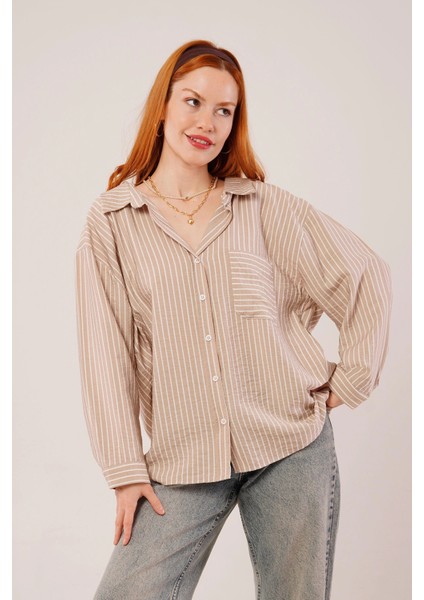 Çizgi Detaylı Cepli Camel Gömlek fırsatları