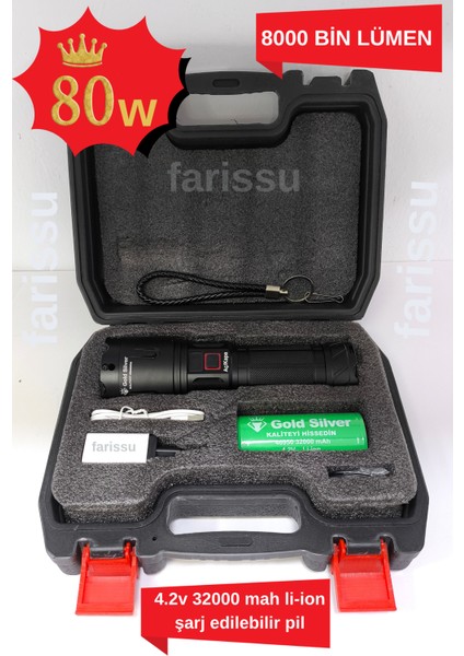 Gold Silver GS-14400 | 80W 8000 Lümen Şarjlı El Feneri (Su Geçirmez – Uzun Ömürlü Pil)