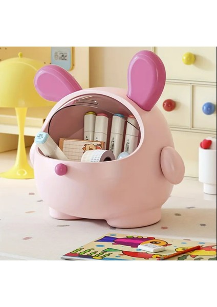 Pembe + Gül Kırmızı Sevimli Pembe Kaniş Köpek Masaüstü Düzenleyici Kapaklı