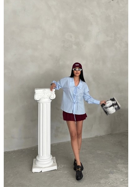 Okul Yaka Poplin Gömlek Ip Bağlama Detaylı - Bebe Mavi