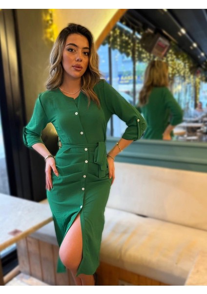 Kadın Uzun Kollu Önden Düğmeli Beli Kuşaklı Aerobin Midi Elbise fiyatları