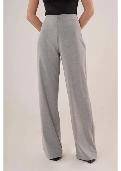 Bol Paça Yandan Fermuarlı Gri Kumaş Pantolon