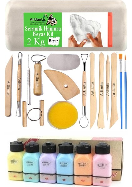 Beyaz Seramik Hamuru 2 kg Seramik Başlangıç Seti Ebeşuar Modelleme Artdeco 6 Renk Pastel Akrilik Boya Fırça 75 ml Heykel