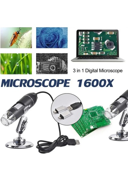 1600X Dijital Mikroskop USB LED Işıklı Telefon & Pc Uyumlu Büyüteç Yüksek Çözünürlük Micro Type-C