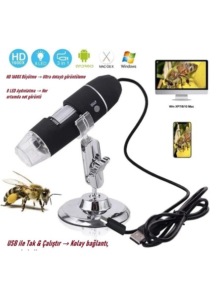 1600X Dijital Mikroskop USB LED Işıklı Telefon & Pc Uyumlu Büyüteç Yüksek Çözünürlük Micro Type-C