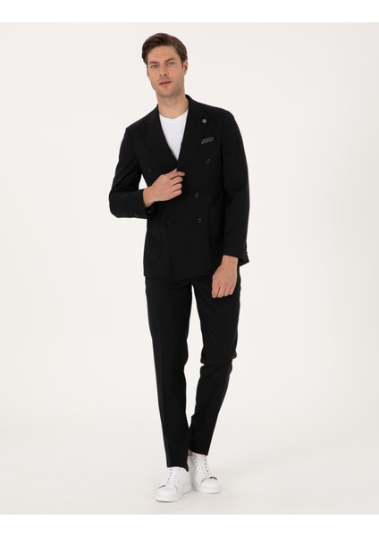 Erkek Siyah Ex. Slim Fit %100 Yün Kruvaze Takım Elbise 50316451-VR046