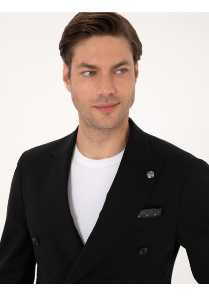 Erkek Siyah Ex. Slim Fit %100 Yün Kruvaze Takım Elbise 50316451-VR046