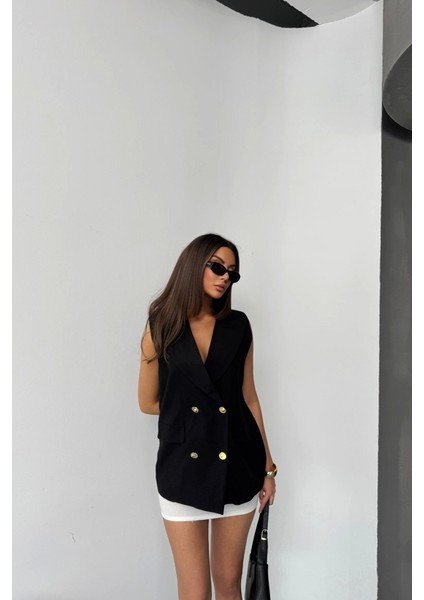 Gold Düğmeli Keten Yelek - Siyah fiyatları