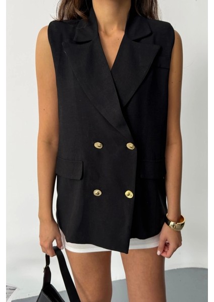 Gold Düğmeli Keten Yelek - Siyah modelleri