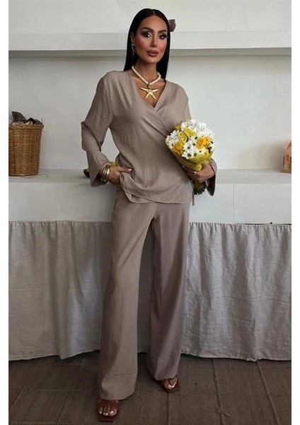 Kruvaze Model Klasik Pantolonlu Çupra Keten Takım 10191