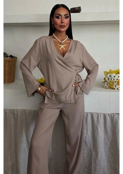 Kruvaze Model Klasik Pantolonlu Çupra Keten Takım 10191 fırsatları