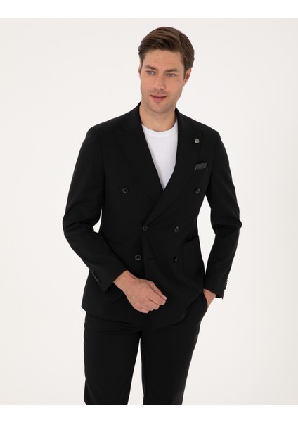 Erkek Siyah Ex. Slim Fit %100 Yün Kruvaze Takım Elbise 50316451-VR046