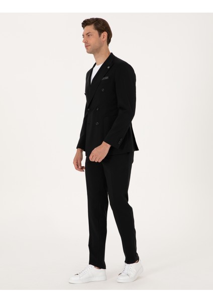 Erkek Siyah Ex. Slim Fit %100 Yün Kruvaze Takım Elbise 50316451-VR046