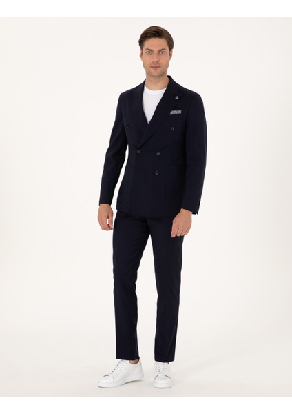 Erkek Lacivert Ex. Slim Fit %100 Yün Kruvaze Takım Elbise 50316451-VR033