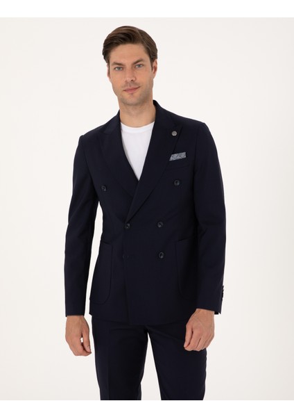 Erkek Lacivert Ex. Slim Fit %100 Yün Kruvaze Takım Elbise 50316451-VR033