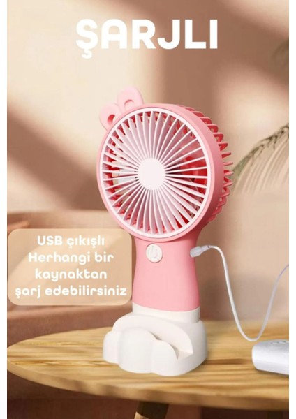 Şarjlı Mini El Fanı, Telefon Standı, Sessiz ve Taşınabilir Masa Vantilatörü, Pembe modelleri
