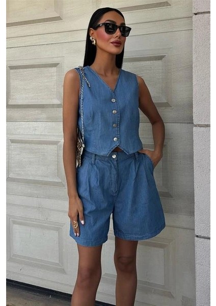 Gümüş Düğmeli Yelek ve Şort Tensel Takım 10174 fiyatları