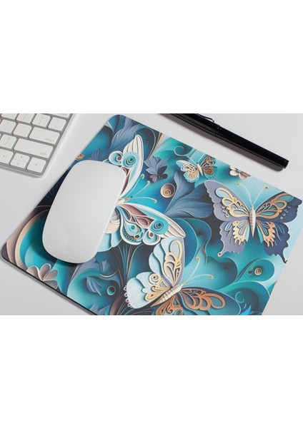 Kelebek Desenli Estetik ve Şık Kaymaz Tabanlı Likralı Kumaş Ofis ve Hediyelik Mouse Pad