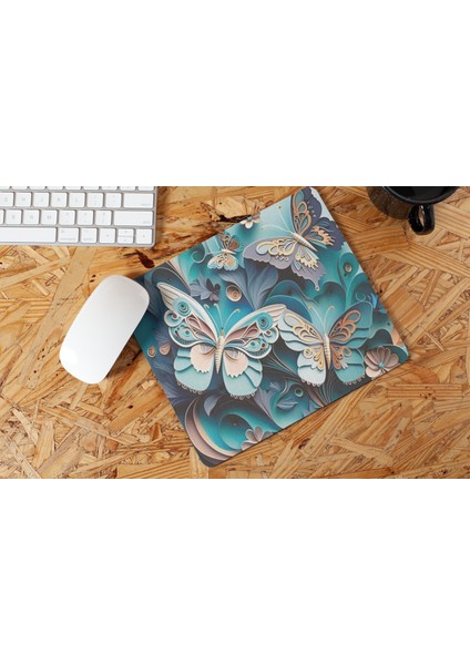 Kelebek Desenli Estetik ve Şık Kaymaz Tabanlı Likralı Kumaş Ofis ve Hediyelik Mouse Pad modelleri