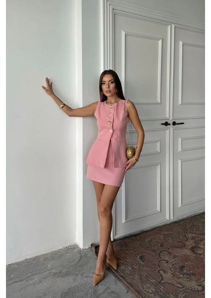 Klasik Gold Düğmeli Yelek - Kısa Etek Takım - Pembe