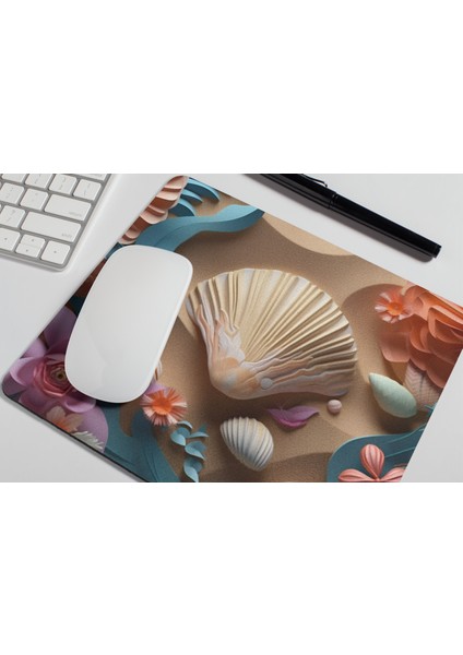 Deniz Kabuğu ve Çiçek Desenli Hediyelik Estetik Kaymaz Tabanlı Masaüstü ve Ofis Mouse Pad