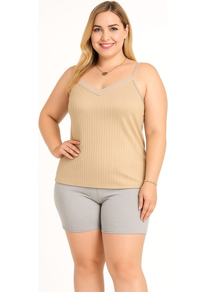 Kadın Büyük Beden Ip Askılı Bluz ve Şortlu Alt Üst Pijama Takımı