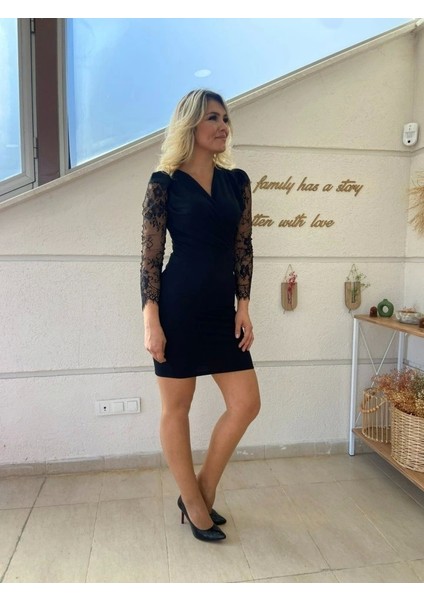 Kadın Uzun Kollu Kruvaze Yaka Kollar Tül Detay Krep Mini Boy Elbise fiyatları