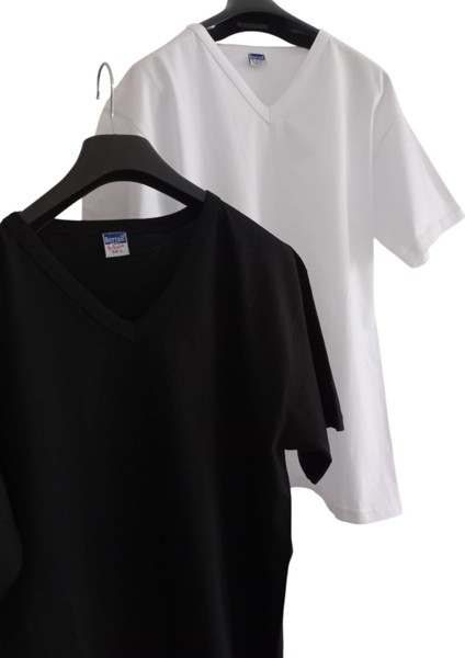 V Yaka Tişört 2'li Avantajlı Paket Pamuklu Cotton Siyah-Beyaz Slim Fit Ekstra Esnek Unisex Bvsb1-1