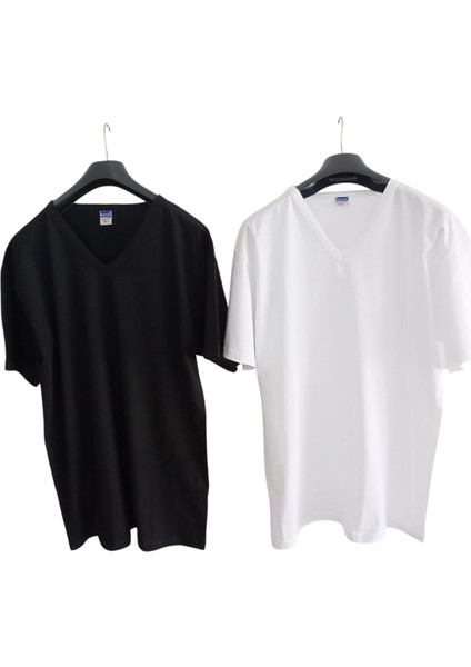 V Yaka Tişört 2'li Avantajlı Paket Pamuklu Cotton Siyah-Beyaz Slim Fit Ekstra Esnek Unisex Bvsb1-1 fiyatları
