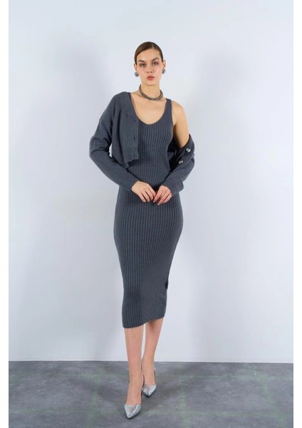 Fitilli Elbise Hırkalı Takım - Füme