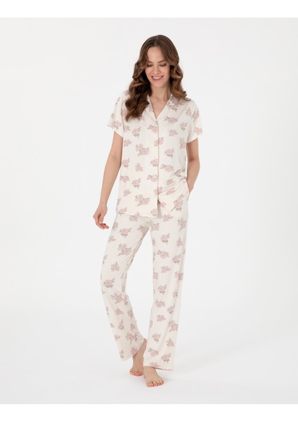 Kadın Krem Kısakollu Gömlek Pijama Takımı 50319049-VR071