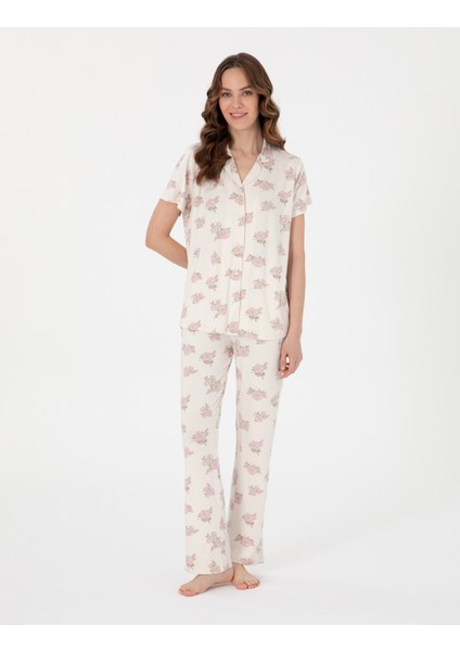 Kadın Krem Kısakollu Gömlek Pijama Takımı 50319049-VR071 fırsatları