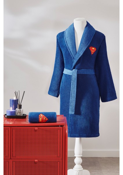 Superman Hero Lisanslı Lacivert Şal Yaka Bornoz Seti L - 9285
