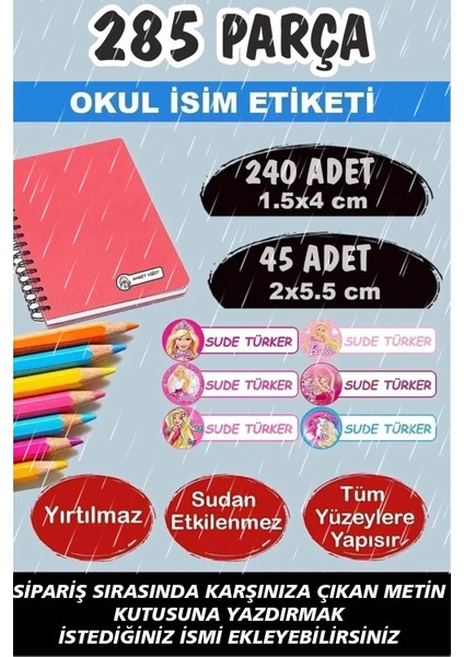 Okul Etiketi Kalem Defter Etiketi Isme Özel Etiket Barbie 285 Adet
