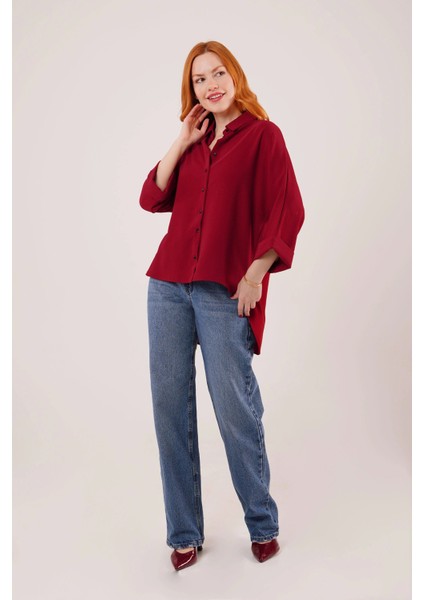 Yarasa Kol Rahat Kalıp Bordo Gömlek fırsatları